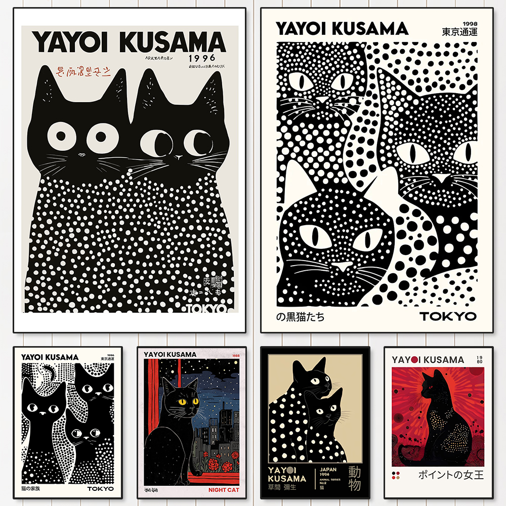 Home Decor Design Interior - Yayoi Kusama Black Cats Series Canvas