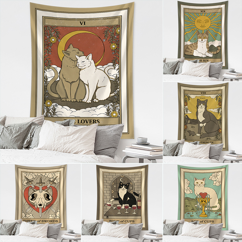 Home Decor Hippie - Cartoon Cat Tarot Tapestry Wall Hanging